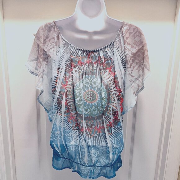 Bongo-Women's Sheer Short Flowy Sleeves Top-Necklace Built in-Med-Blue Boho - Picture 13 of 16